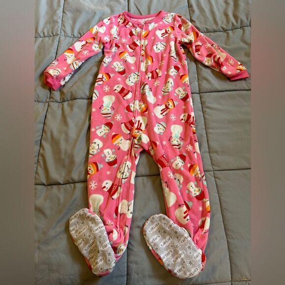 Size 4 Carter’s fleece, footed, pink snowman pajamas - Picture 1 of 3